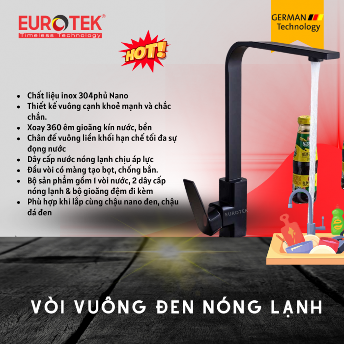 Vòi chén vuông đen nóng lạnh VNL EU409Đ Eurotek