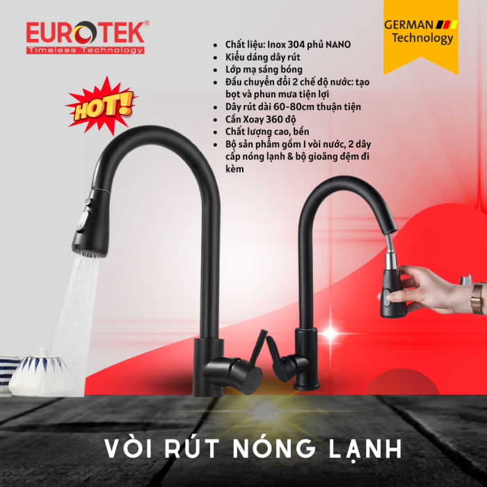 Vòi rút đen nóng lạnh VR EU01-413Đ Eurotek