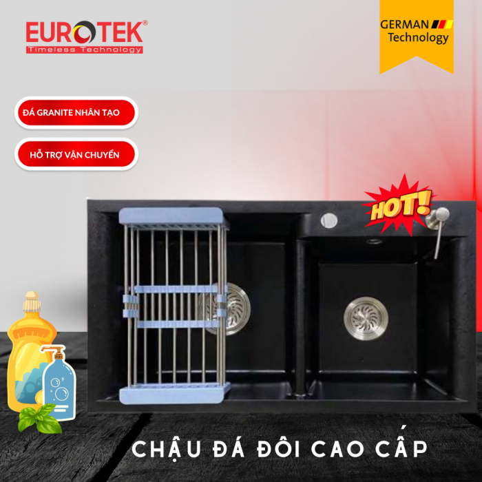 Chậu đá cao cấp 2 hố lệch CD 8246 Eurotek